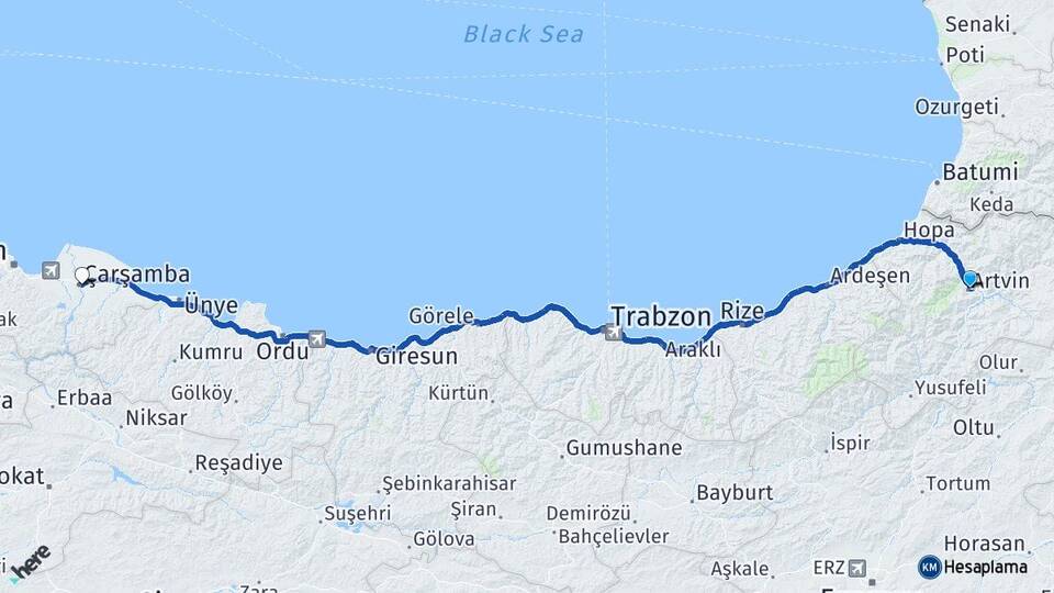 Artvin Çarşamba Samsun Arası Kaç Km - Yol Haritası