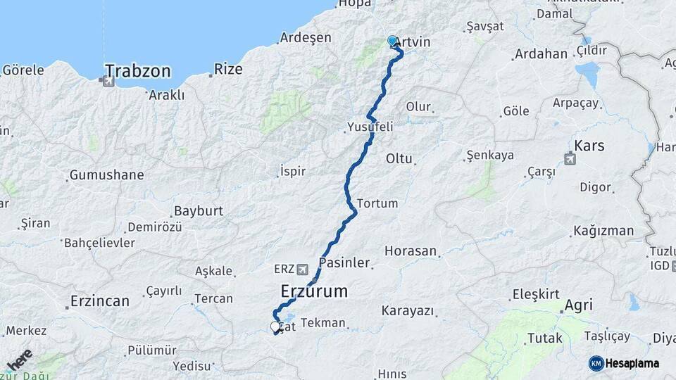 Artvin Çat Erzurum Arası Kaç Km - Yol Haritası