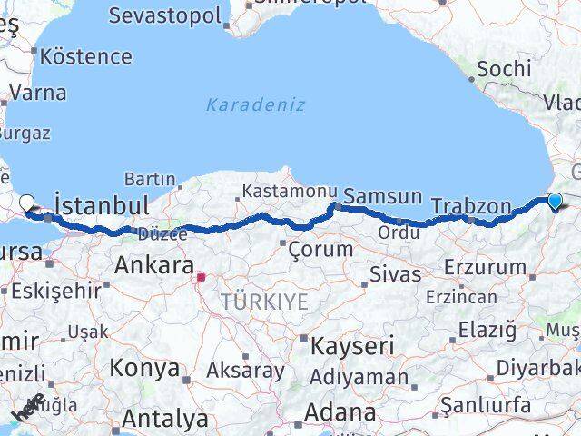 Artvin Çatalca İstanbul Arası Kaç Km - Yol Haritası