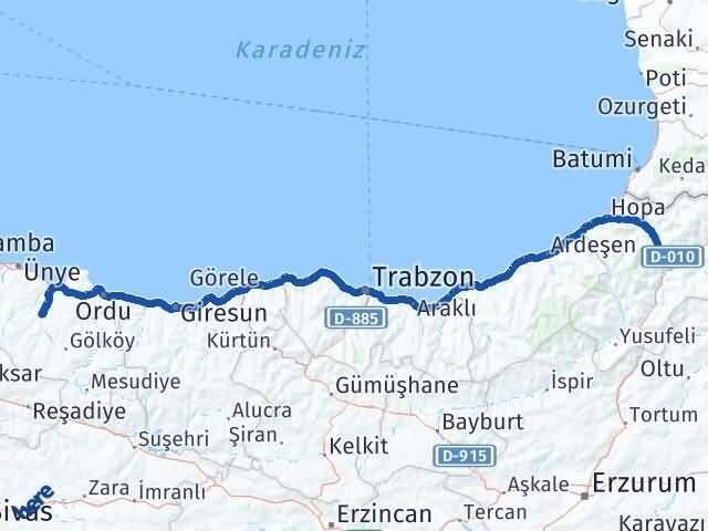Artvin Çatalpınar Ordu Arası Kaç Km - Yol Haritası