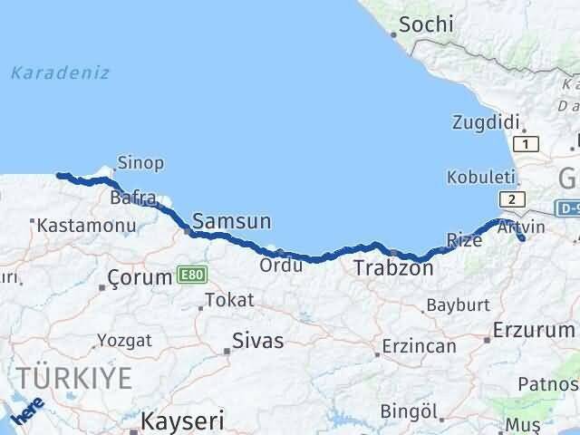 Artvin Çatalzeytin Kastamonu Arası Kaç Km - Yol Haritası