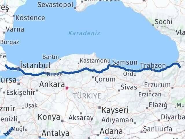 Artvin Çerkezköy Tekirdağ Arası Kaç Km - Yol Haritası