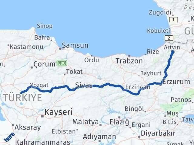 Artvin Çiçekdağı Kırşehir Arası Kaç Km - Yol Haritası