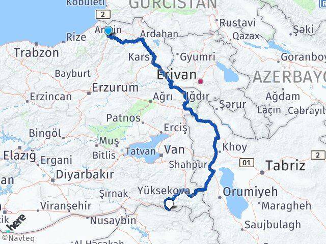 Artvin Çukurca Hakkari Arası Kaç Km - Yol Haritası