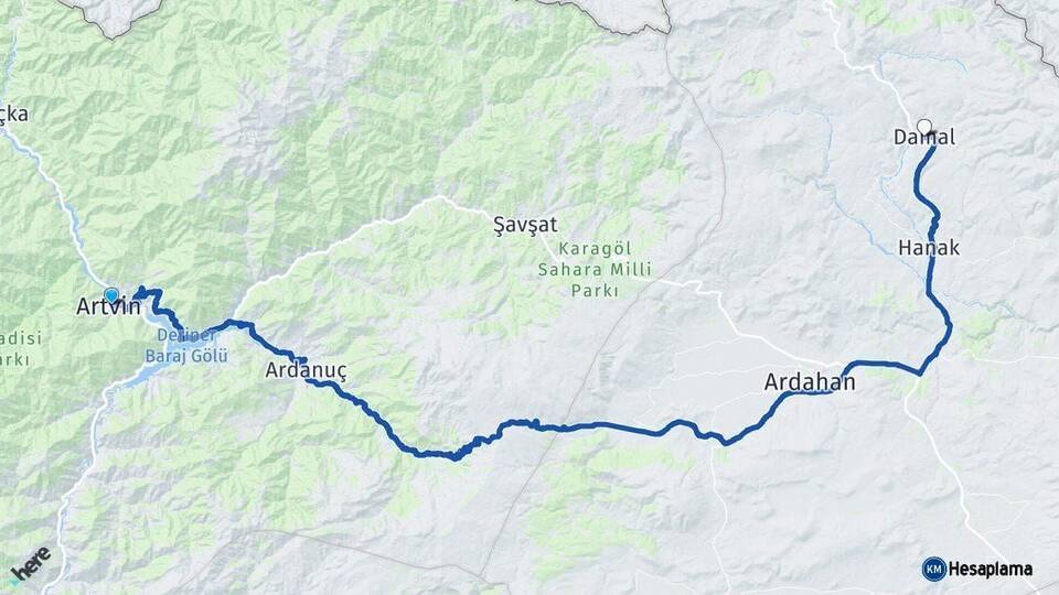 Artvin Damal Ardahan Arası Kaç Km - Yol Haritası