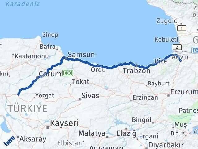 Artvin Delice Kırıkkale Arası Kaç Km - Yol Haritası