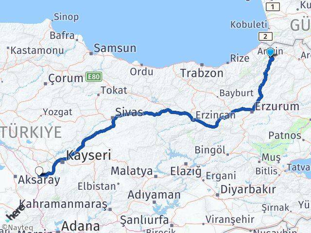 Artvin Derinkuyu Nevşehir Arası Kaç Km - Yol Haritası