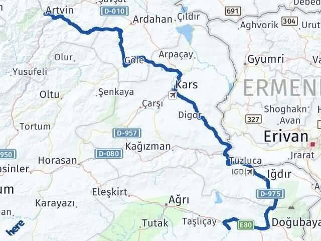 Artvin Diyadin Ağrı Arası Kaç Km - Yol Haritası