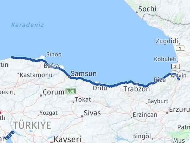 Artvin Doğanyurt Kastamonu Arası Kaç Km - Yol Haritası