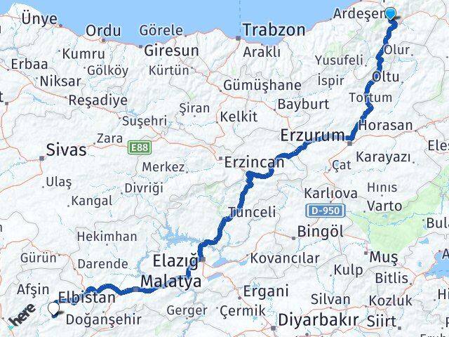 Artvin Ekinözü Kahramanmaraş Arası Kaç Km - Yol Haritası