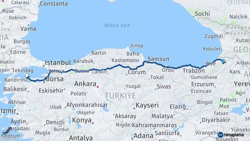 Artvin Erdek Balıkesir Arası Kaç Km - Yol Haritası