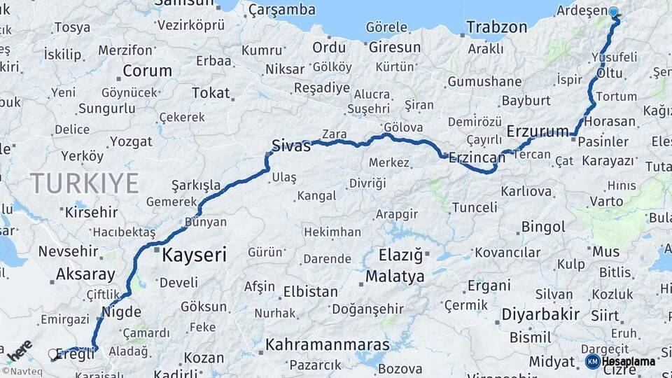 Artvin Ereğli Konya Arası Kaç Km - Yol Haritası