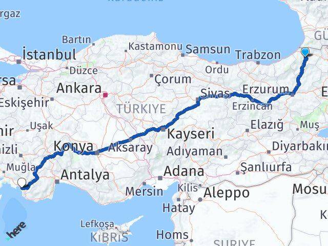 Artvin Fethiye Muğla Arası Kaç Km - Yol Haritası