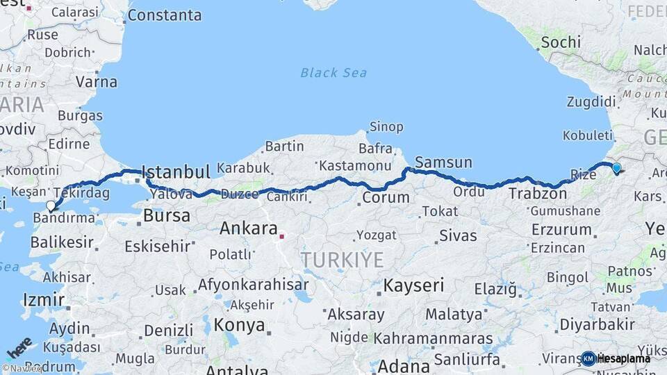 Artvin Gelibolu Çanakkale Arası Kaç Km - Yol Haritası