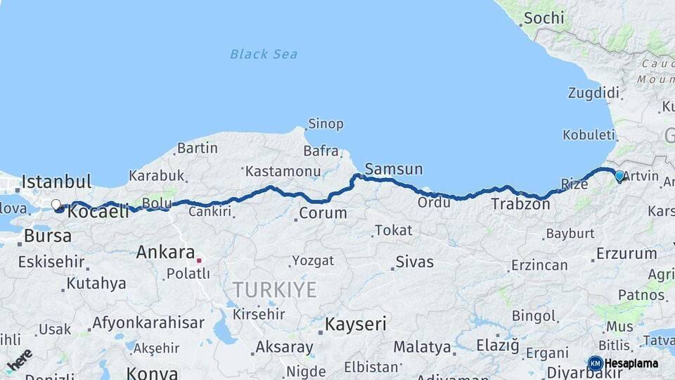 Artvin Gölcük Kocaeli Arası Kaç Km - Yol Haritası
