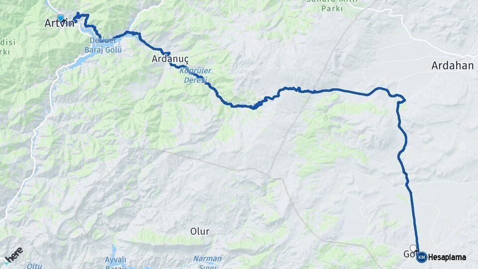 Artvin Göle Ardahan Arası Kaç Km - Yol Haritası