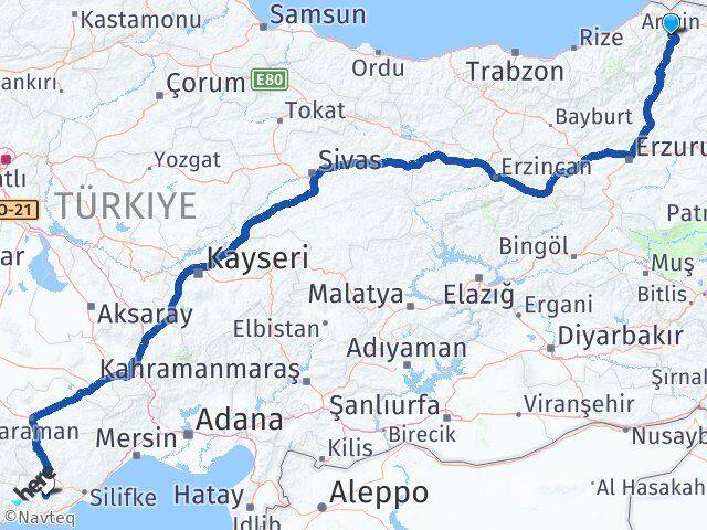 Artvin Gülnar Mersin Arası Kaç Km - Yol Haritası
