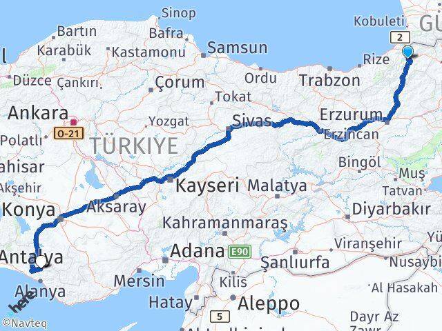 Artvin Gündoğmuş Antalya Arası Kaç Km - Yol Haritası