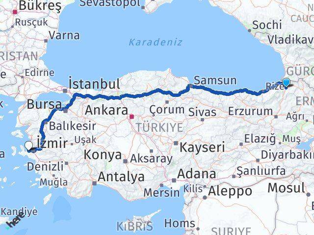 Artvin Güzelbahçe İzmir Arası Kaç Km - Yol Haritası