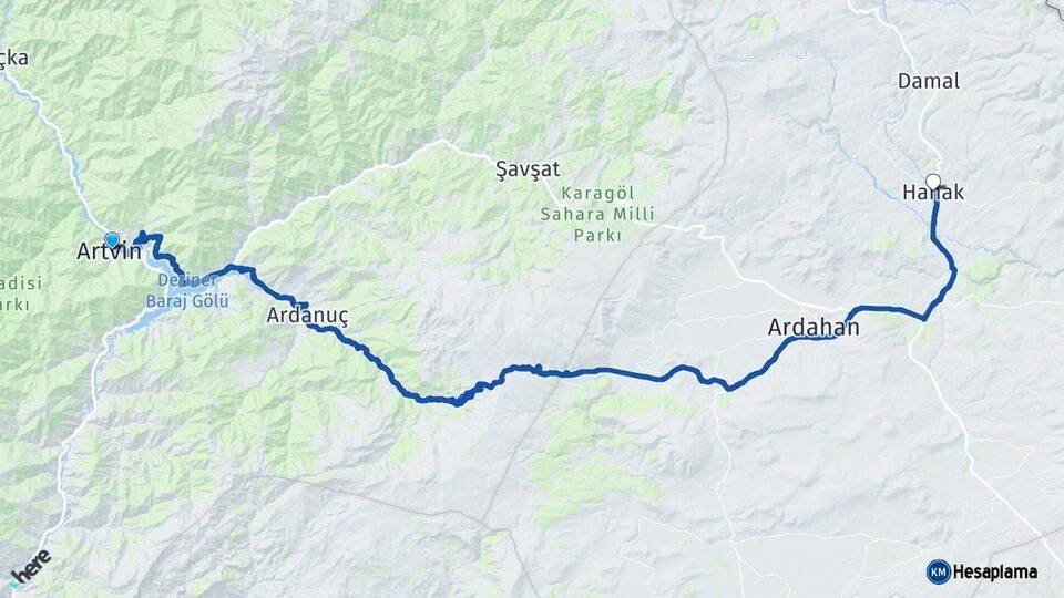 Artvin Hanak Ardahan Arası Kaç Km - Yol Haritası