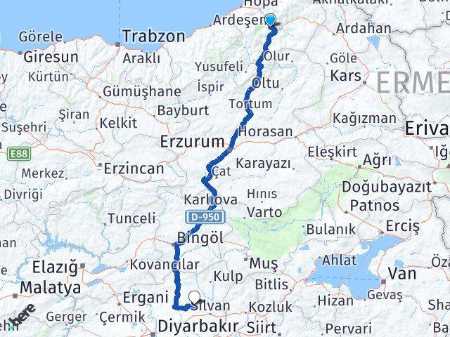 Artvin Hazro Diyarbakır Arası Kaç Km - Yol Haritası