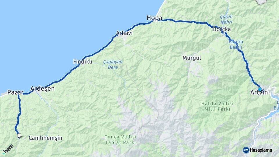 Artvin Hemşin Rize Arası Kaç Km - Yol Haritası