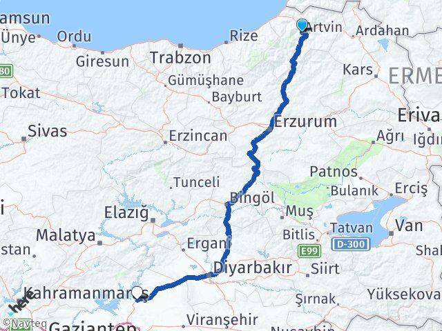 Artvin Hilvan Şanlıurfa Arası Kaç Km - Yol Haritası
