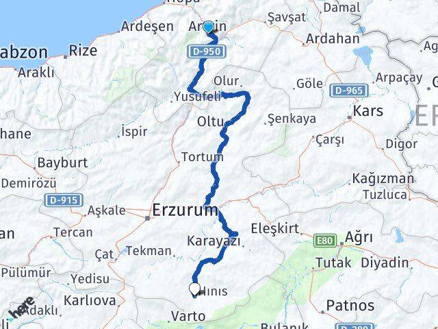 Artvin Hınıs Erzurum Arası Kaç Km - Yol Haritası