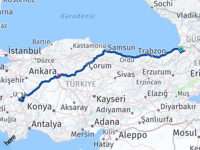 Artvin Hocalar Afyonkarahisar Arası Kaç Km - Yol Haritası