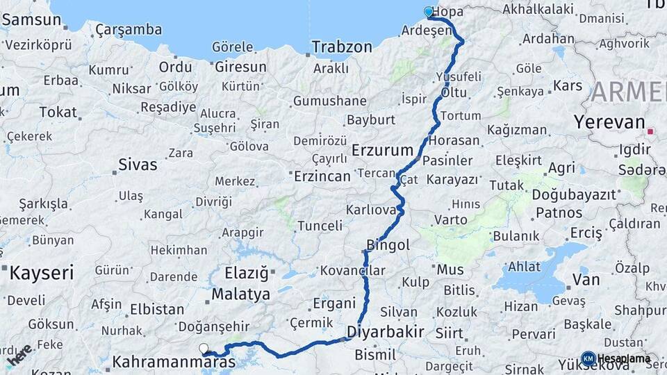 Artvin Hopa Adıyaman Arası Kaç Km - Yol Haritası