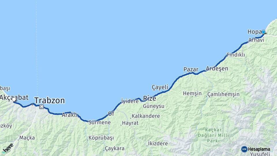 Artvin Hopa Akçaabat Trabzon Arası Kaç Km - Yol Haritası