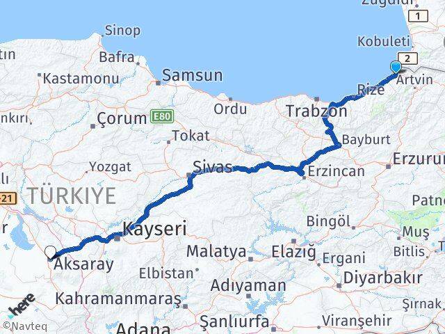 Artvin Hopa Aksaray Arası Kaç Km - Yol Haritası
