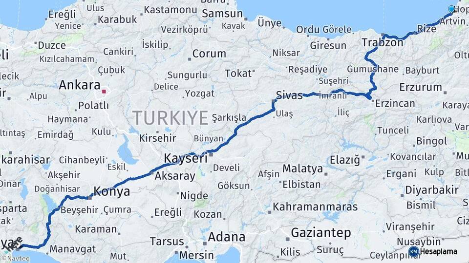 Artvin Hopa Antalya Arası Kaç Km - Yol Haritası