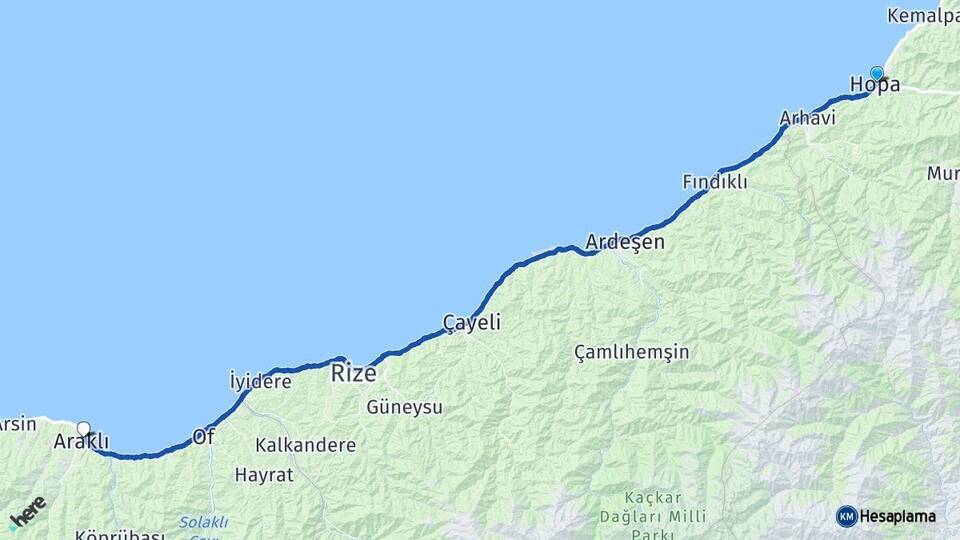 Artvin Hopa Araklı Trabzon Arası Kaç Km - Yol Haritası