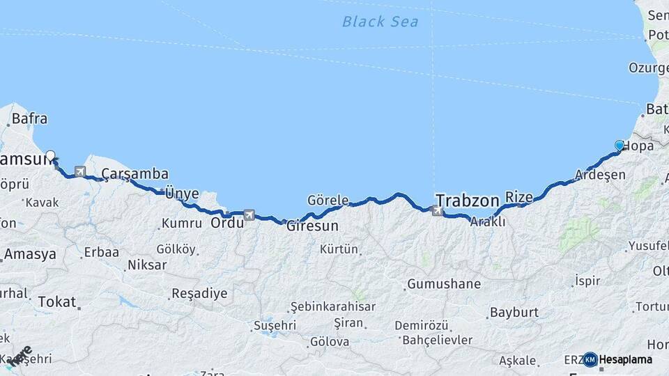 Artvin Hopa Atakum Samsun Arası Kaç Km - Yol Haritası