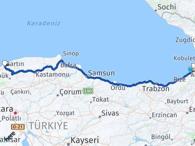 Artvin Hopa Bartın Arası Kaç Km - Yol Haritası