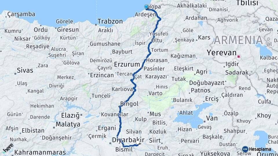 Artvin Hopa Batman Arası Kaç Km - Yol Haritası