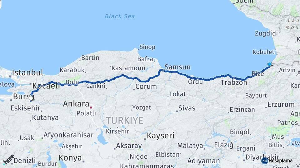 Artvin Hopa Bilecik Arası Kaç Km - Yol Haritası