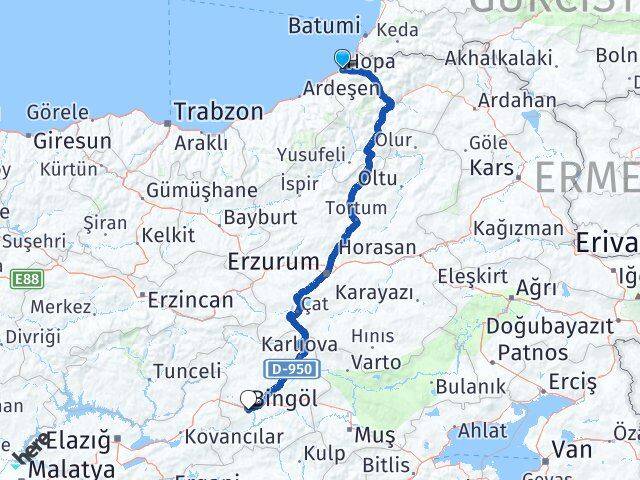 Artvin Hopa Bingöl Arası Kaç Km - Yol Haritası