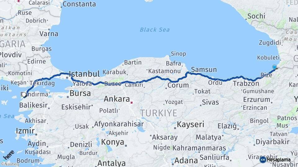 Artvin Hopa Çanakkale Arası Kaç Km - Yol Haritası
