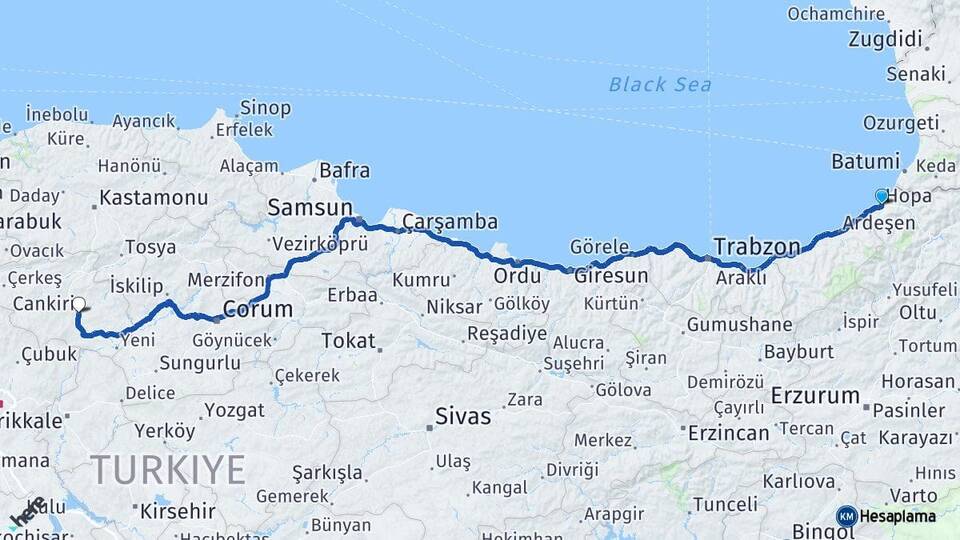 Artvin Hopa Çankırı Arası Kaç Km - Yol Haritası