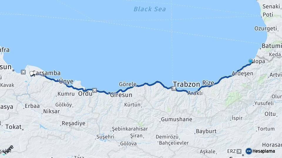Artvin Hopa Çarşamba Samsun Arası Kaç Km - Yol Haritası