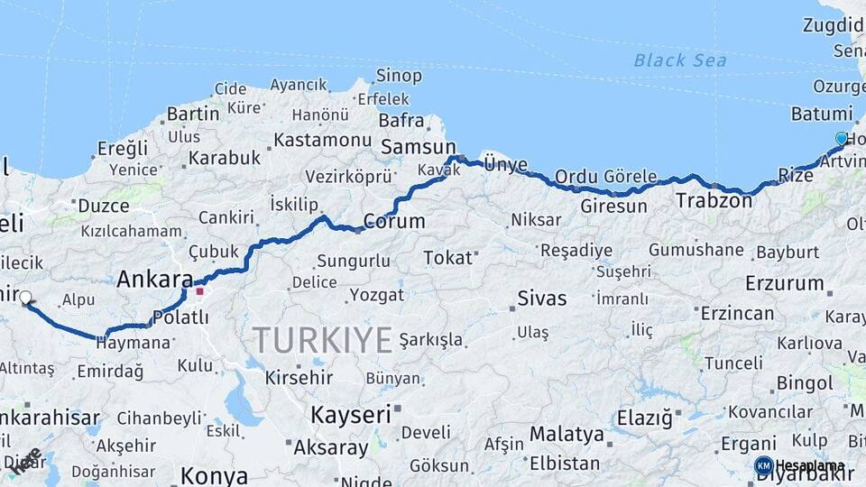 Artvin Hopa Eskişehir Arası Kaç Km - Yol Haritası