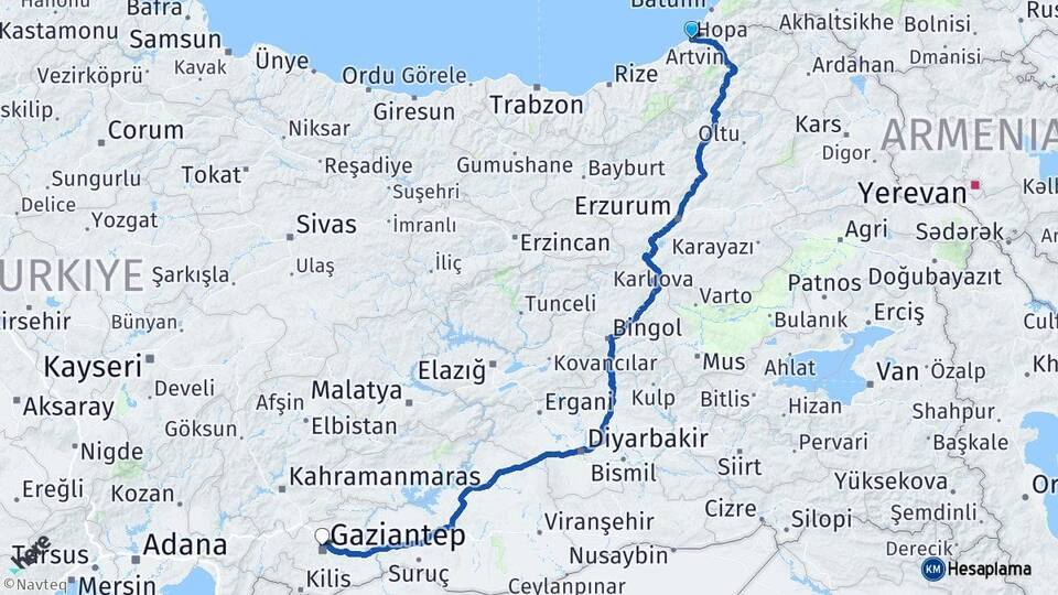 Artvin Hopa Gaziantep Arası Kaç Km - Yol Haritası