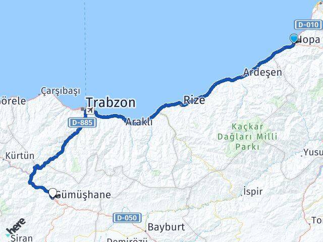 Artvin Hopa Gümüşhane Arası Kaç Km - Yol Haritası