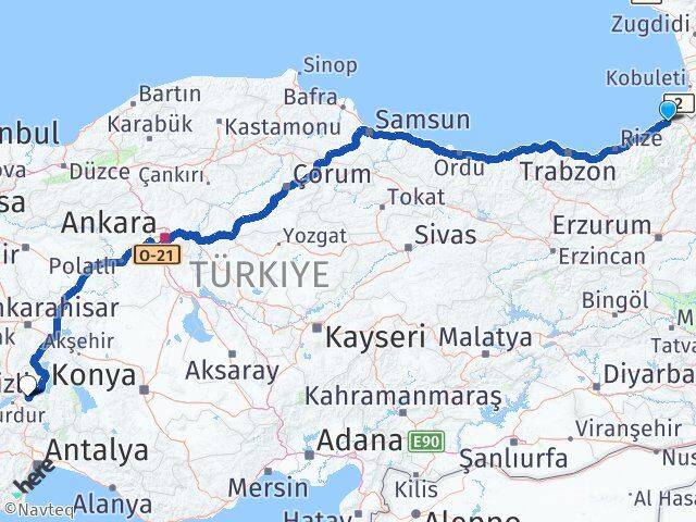 Artvin Hopa Isparta Arası Kaç Km - Yol Haritası