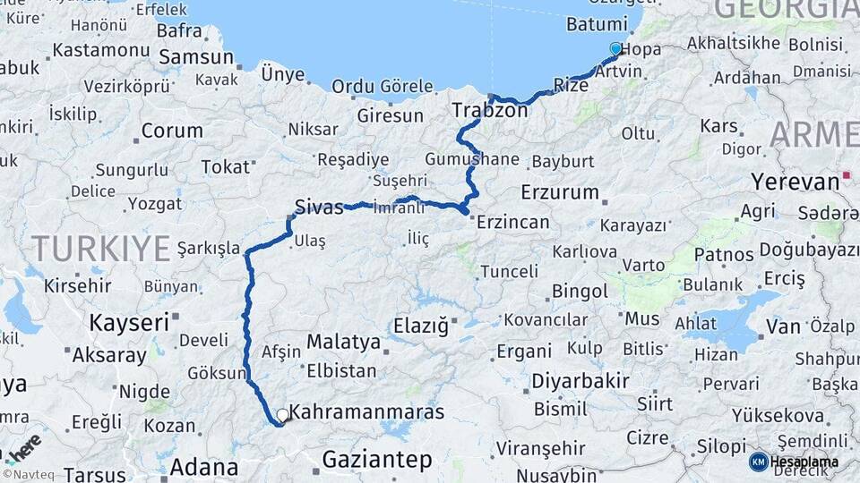 Artvin Hopa Kahramanmaraş Arası Kaç Km - Yol Haritası