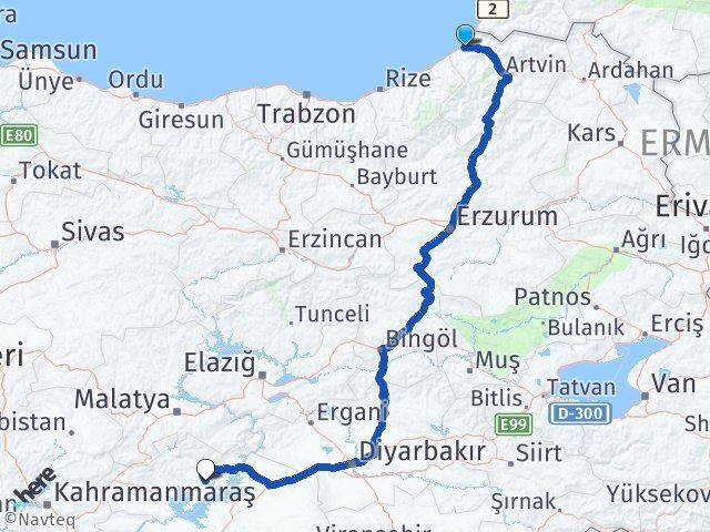 Artvin Hopa Kahta Adıyaman Arası Kaç Km - Yol Haritası