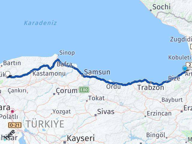 Artvin Hopa Karabük Arası Kaç Km - Yol Haritası