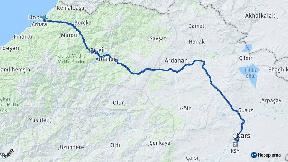 Artvin Hopa Kars Arası Kaç Km - Yol Haritası